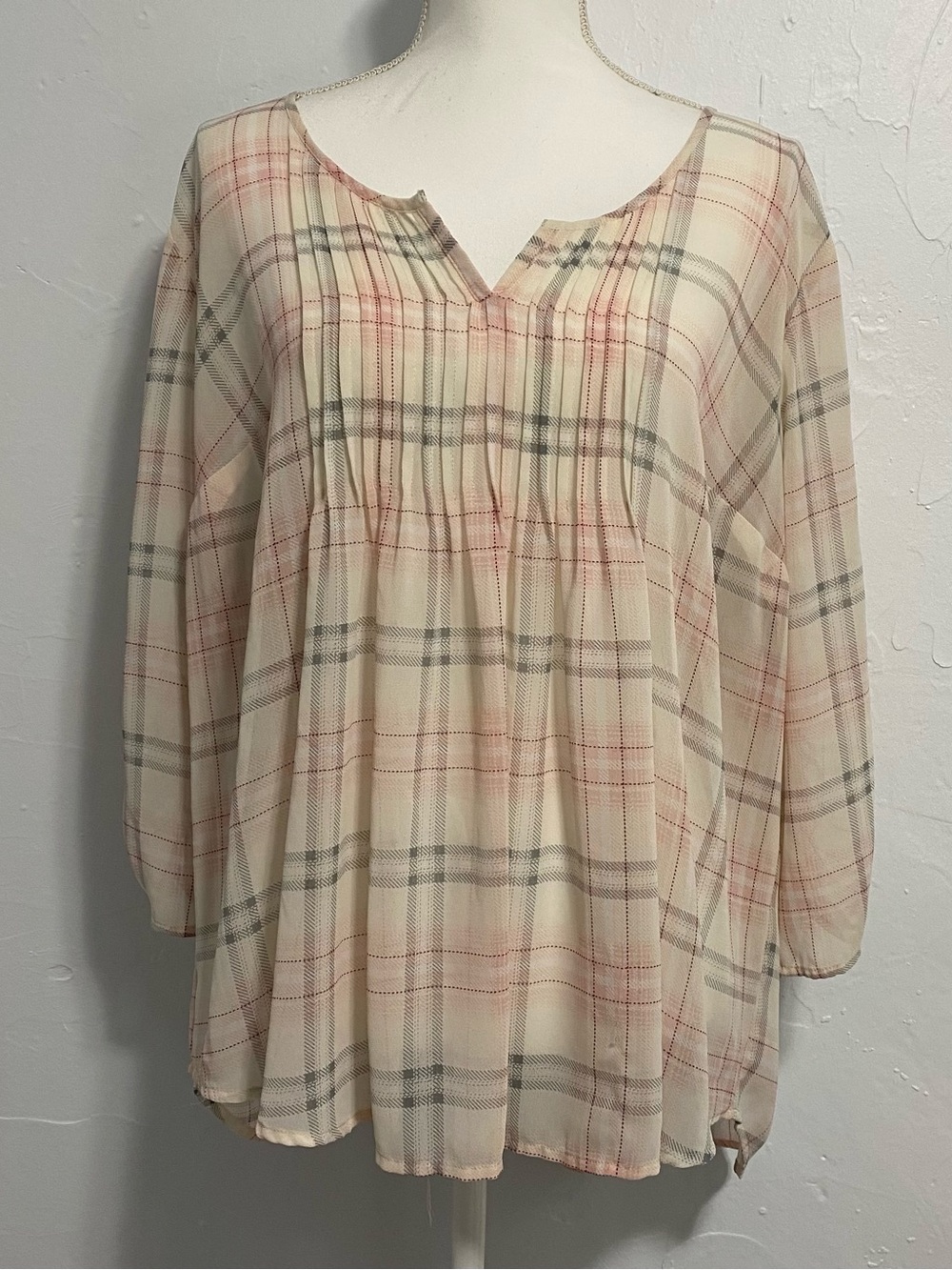 torrid Cream Plaid Peasant Tunic with Pink & Gray Stripes